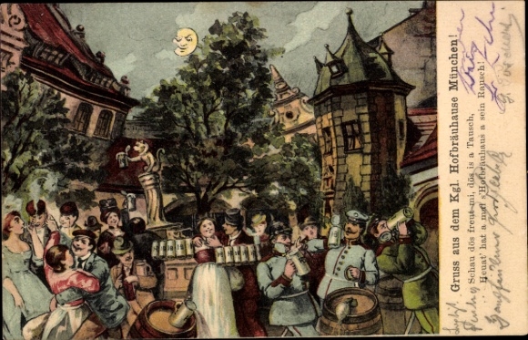 Artist Postcard Munich Bavaria, Royal Hofbräuhaus, social gathering