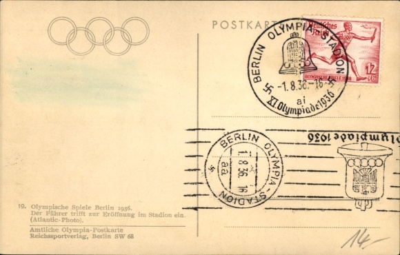 Postcard Berlin, Olympic Games 1936, Führer Adolf Hitler arrives at the opening in the stadium