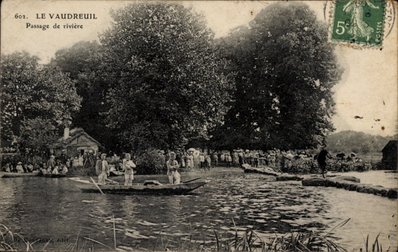 Postcard Le Vaudreuil Eure, river crossing, boats, trees, spectators, water