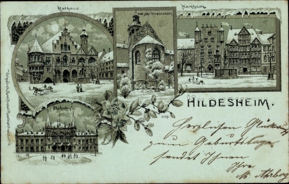 Winter Chromo-Litho Hildesheim in Lower Saxony, town hall, market square, train station, Rosenstock