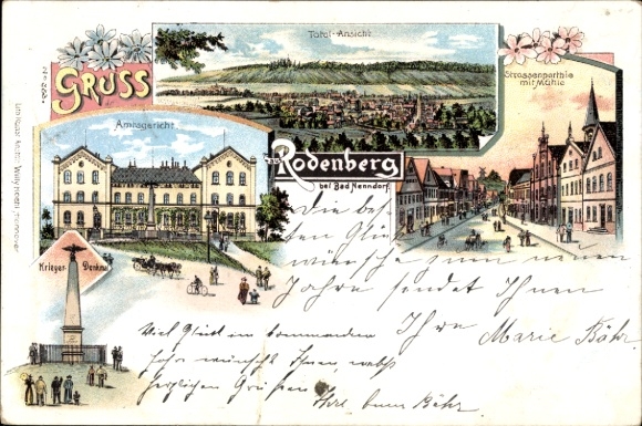 Chromo-Litho Rodenberg in Lower Saxony, street section with mill, district court, war memorial, town hall cellar