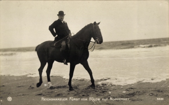 Postcard Norderney in East Frisia, Colonel General Karl von Bülow, Prince on horseback on the beach, portrait