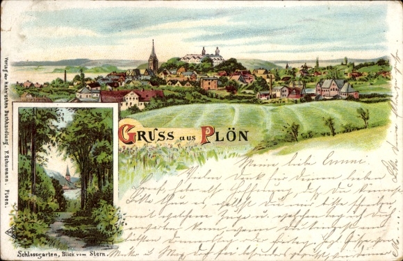Chromo-Litho Plön am See Holstein, Panorama, Castle Garden, Star