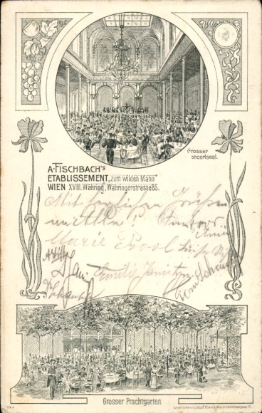 Art Nouveau Chromo-Litho Vienna 18 Währing, A. Fischbach's establishment Zum wilden Mann, Währingerstraße 85