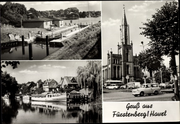Ak Fürstenberg op de Havel, sluis, kerk, schip