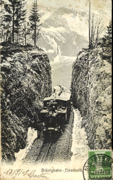 Postcard Brünigbahn cutting, rack railway