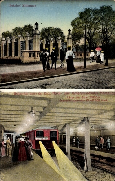 Postcard Hamburg Mitte St. Pauli, Millerntor station, elevated and underground railway, subway to Barmbeck