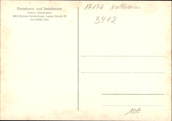 Postcard Nörten Hardenberg in Lower Saxony, butcher and snack bar Robert Dorstewitz, Lange Str. 79