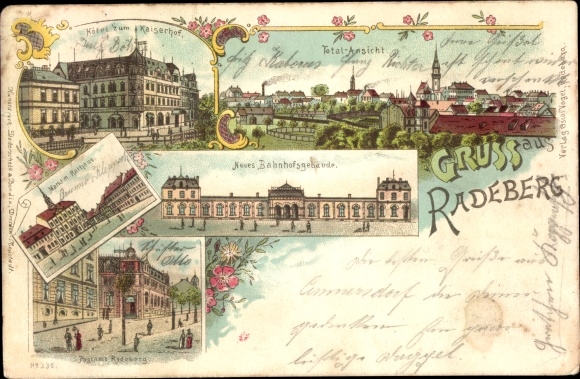 Chromo-Litho Radeberg in Saxony, total view, station building, market, Hotel zum Kaiserhof