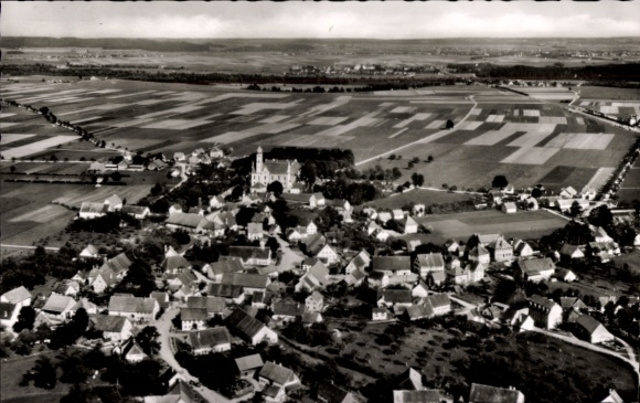 Postcard Tannheim in Württemberg, aerial view of Tannheim, fields, church buildings, landscape, residential houses