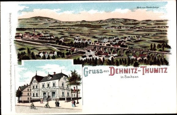 Litho Demitz Thumitz in Sachsen, Gesamtansicht vom Klosterberg aus, Gemischtwarengeschäft