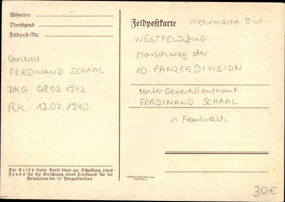 Map PC German Wehrmacht, victory march 10th Panzer Division, Western campaign, General Ferdinand Schaal