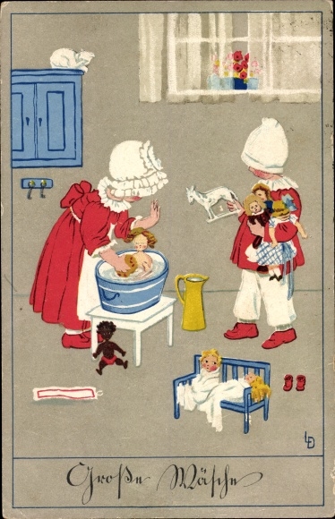 Artist PC Döring, Lia, children bathe their dolls, white cat looks on