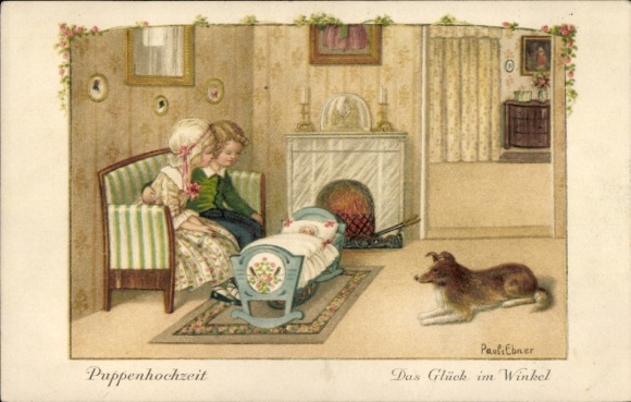 Kunstenaar Ak Ebner, Pauli, kinderen, pop in wieg, hond