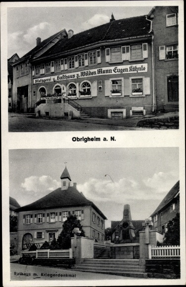 Ak Obrigheim am Neckar Baden, Metzgerei, Gasthaus zum Wilden Mann, Rathaus, Kriegerdenkmal