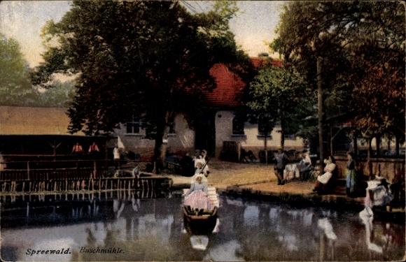 Postcard Straupitz in the Spreewald, Gasthof Buschmühle, traditional costume, boat