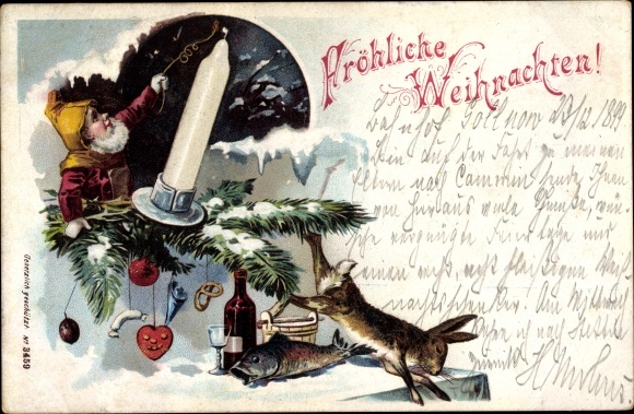 Chromo-Litho congratulations Christmas, dwarf, pine branch, candle