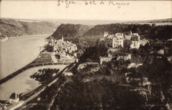 KP St. Goar am Rhein, widok na Rheinfels, Ren, zdjęcie czarno-białe