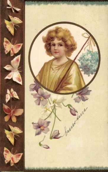 Litho Kind-Porträt, Blumen, Schmetterlinge