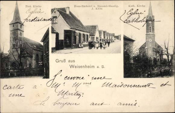 Ak Weisenheim am Sand Pfalz, kerken, bakkerij en kruidenwinkel