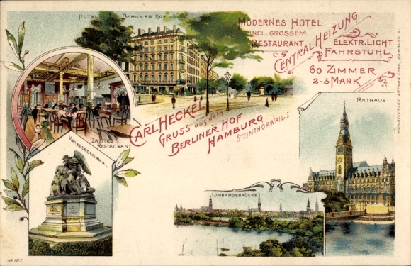 Chromo-Litho Hamburg Mitte St. Georg, Hotel Berliner Hof, Steintorwall 1, War Memorial, Town Hall