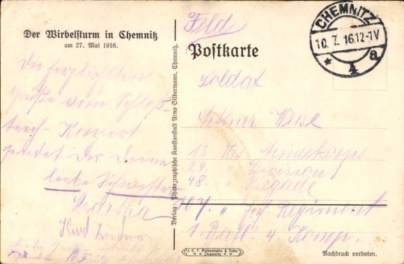 Postcard Chemnitz in Saxony, Schlossteich Restaurant, hurricane May 27, 1916