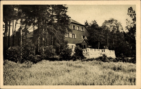 Postcard Schöna Saxon Switzerland, The Nature Friends House at Zirkelstein, forest, house, rocks