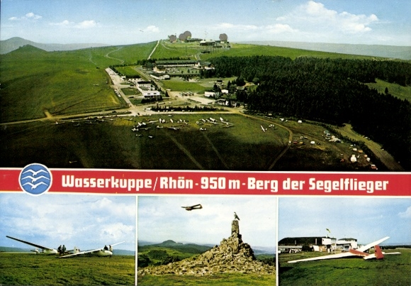 Postcard Gersfeld in the Rhön Hesse, Wasserkuppe, aviator memorial, aerial photo, glider