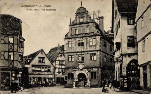 Postcard Gemünden am Main Unterfranken, market square with town hall