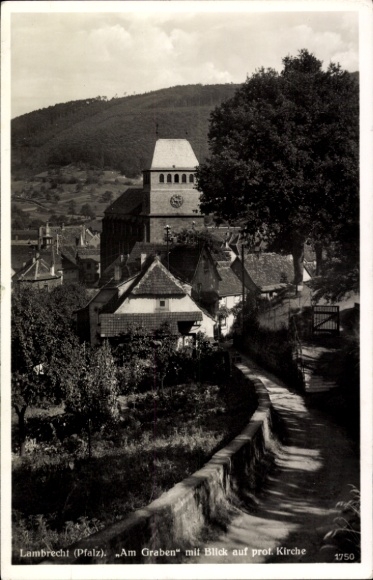 Postcard Lambrecht in der Pfalz, Lambrecht, view of church, idyllic landscape, black and white photo