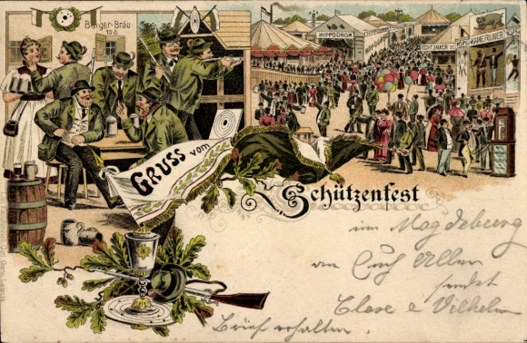 Chromo-Litho Greetings from the Schützenfest, fairground, attractions, marksmen