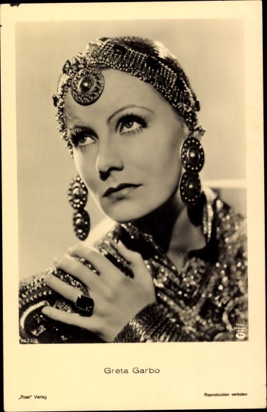Postcard actress Greta Garbo, headdress, portrait, Ross, MGM