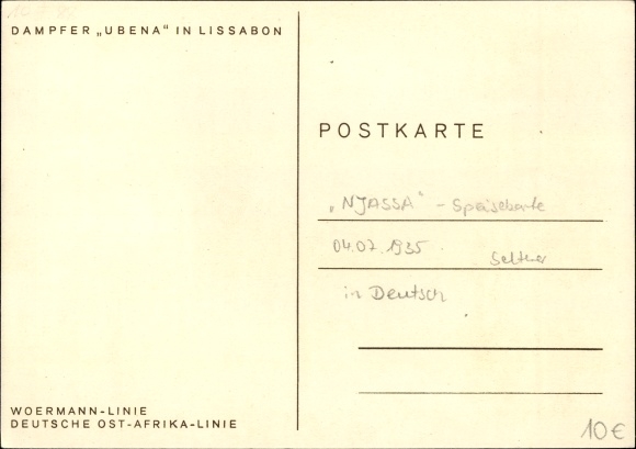 Ak Post Dampfer Njassa, DOAL, Woermann lijn, menukaart 4 juli 1935, hoofdmaaltijd naar keuze