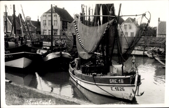 Postcard Greetsiel Krummhörn in East Frisia, harbour, boat GRE 18 E. 1626