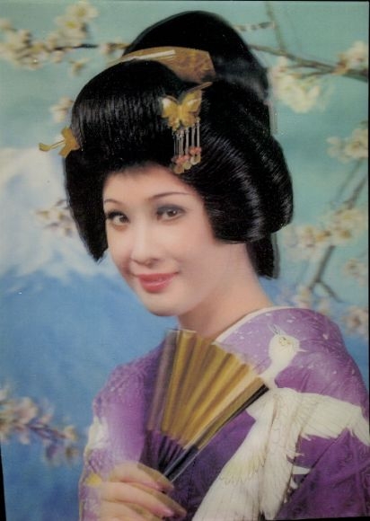 3-D Postcard Asian woman with fan, portrait