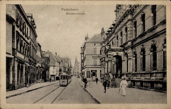 Postcard Paderborn in Westphalia, Westernstraße, tram, passers-by