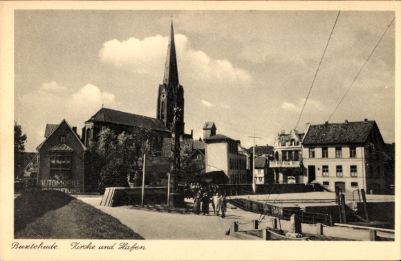Postcard Buxtehude in Lower Saxony, church, harbor, buildings, people