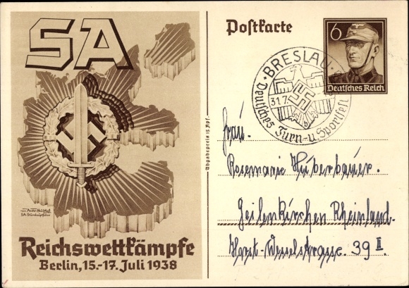 Postal stationery artist PC Axster Heudtlaß, SA Reich competitions Berlin 1938