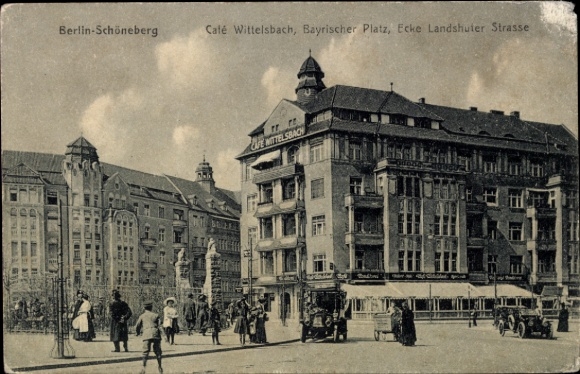 Postcard Berlin Schöneberg, Bayerischer Platz corner of Landshuter Straße, Café Wittelsbach