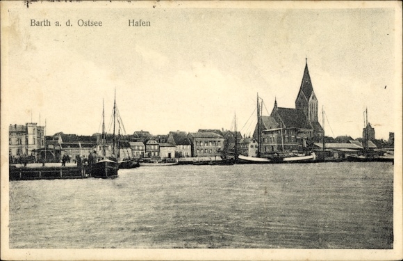 Postcard Barth on the Baltic Sea, port, church