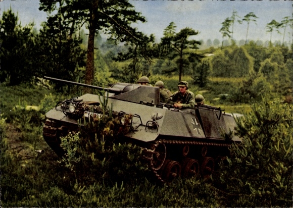 Postcard German Bundeswehr, armored personnel carrier HS 30 in firing position