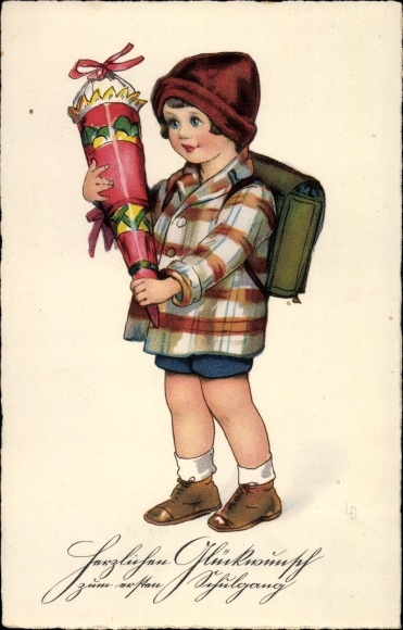 Artist PC Döring, Lia, congratulations on school enrollment, child with school bag and satchel
