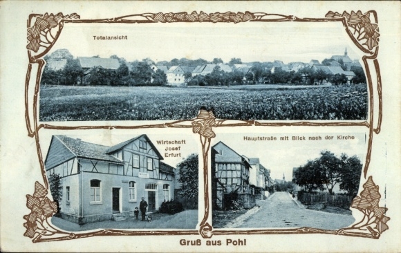 Art Nouveau Passepartout Postcard Pohl Nassau im Taunus, Josef's Inn Erfurt, Main Street, Church