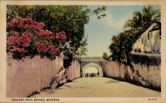 Ak Nassau Bahamas, GREGORY ARCH, blühende Pflanzen, Weg, Menschen, Bogen