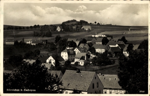 Postcard Börnichen in the Ore Mountains, village view, houses, landscape, hills, trees