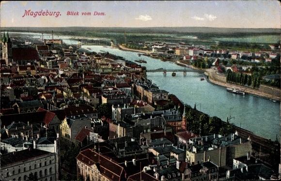 Postcard Magdeburg, view from the cathedral over the city