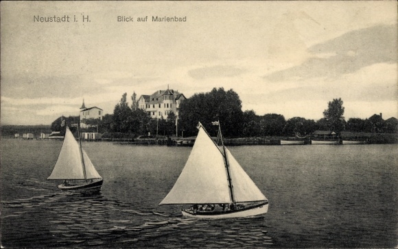 PC Neustadt in Holstein, two sailboats, water, buildings on the shore, trees, inscription 'View of...'