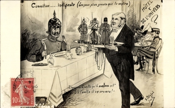 Künstler Ak Karikatur, Kaiser Wilhelm II. im Restaurant, Soldaten werden serviert