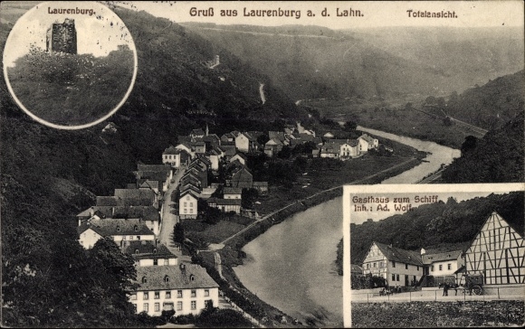 KP Laurenburg an der Lahn, widok ogólny, Zajazd zum Schiff, właściciel Ad. Wilk, ruiny zamku
