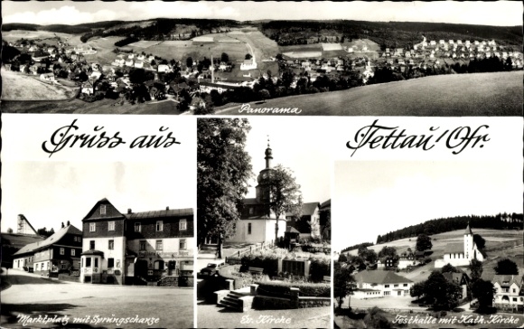 PC Tettau in Upper Franconia, black and white pictures, panorama, market square, Protestant church, Catholic church